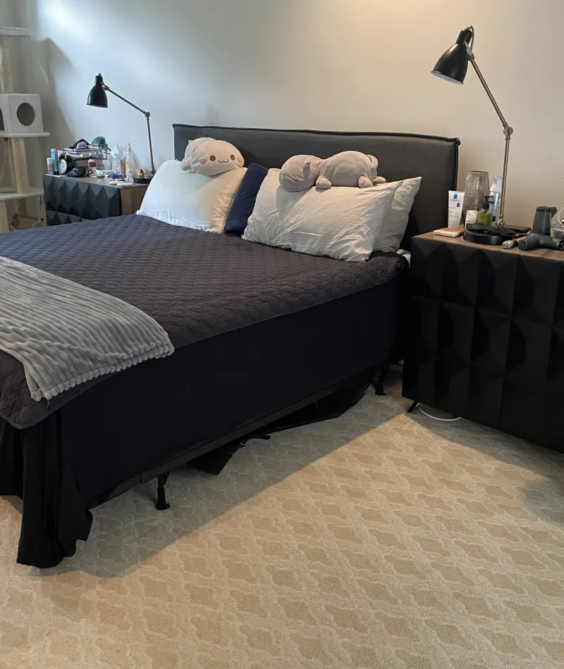Modern bedroom with black bed, plush pillows, bedside lamps, dark dresser, cat tree, and cozy carpet.