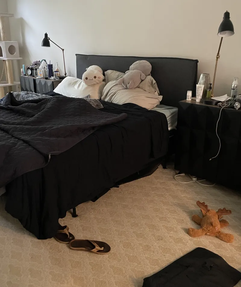 Cozy bedroom with black bedding, stuffed animals on bed, cat tree by window, scattered toys and slippers on carpet.