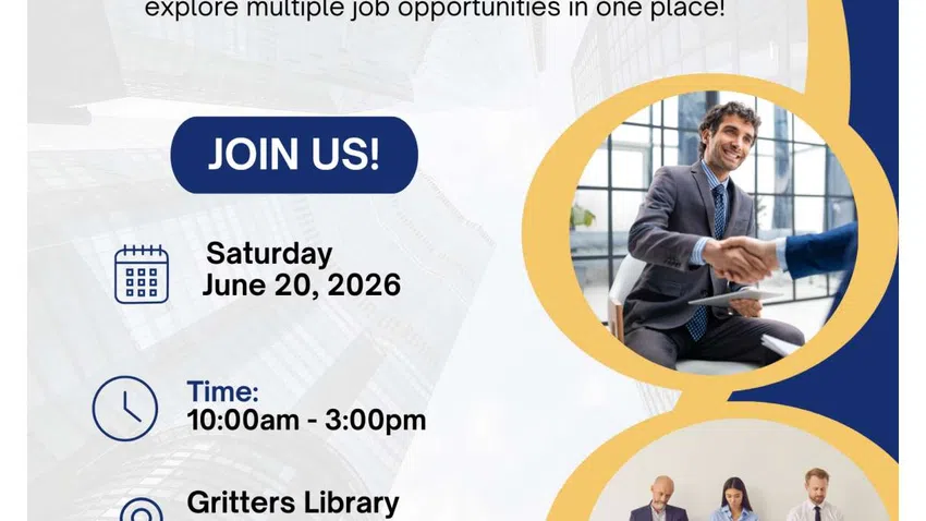 Career fair invitation with date, time, location, and images of job interview and candidates waiting.