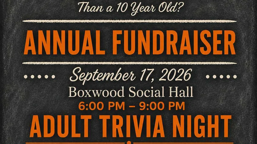 Annual fundraiser adult trivia night on September 17, 2026, from 6-9 PM at Boxwood Social Hall to fight poverty.