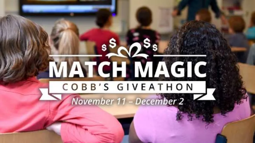 Students seated in a classroom with Match Magic Cobb's Giveathon event text overlay, November 11 to December 2