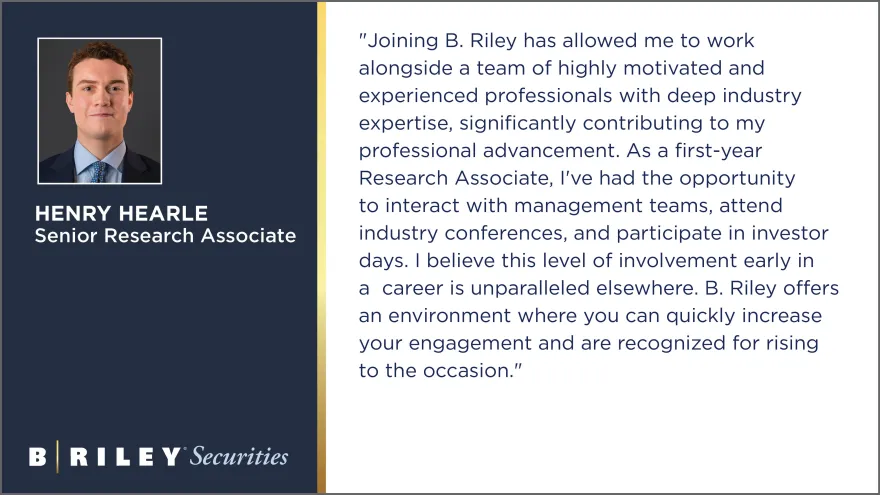 Portrait of Henry Hearle Senior Research Associate with testimonial about career growth at B. Riley Securities.