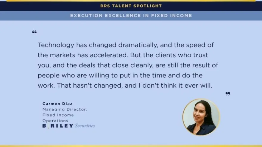 Quote on market speed and client trust by Carmen Diaz, Managing Director at B. Riley Securities with her photo.