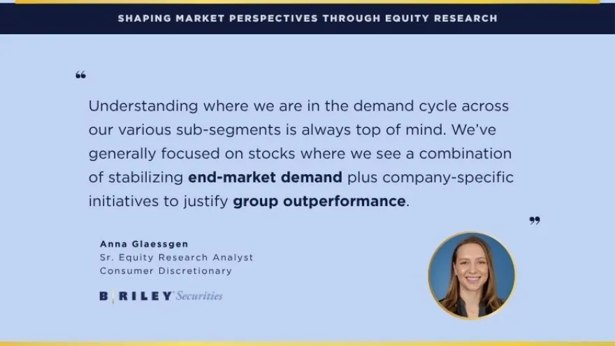 Quote on equity research by Anna Glaessgen highlighting end-market demand and group outperformance with company image.