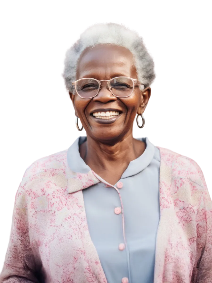 Smiling elderly woman with gray hair wearing glasses and a pastel cardigan, showcasing warmth and joy.