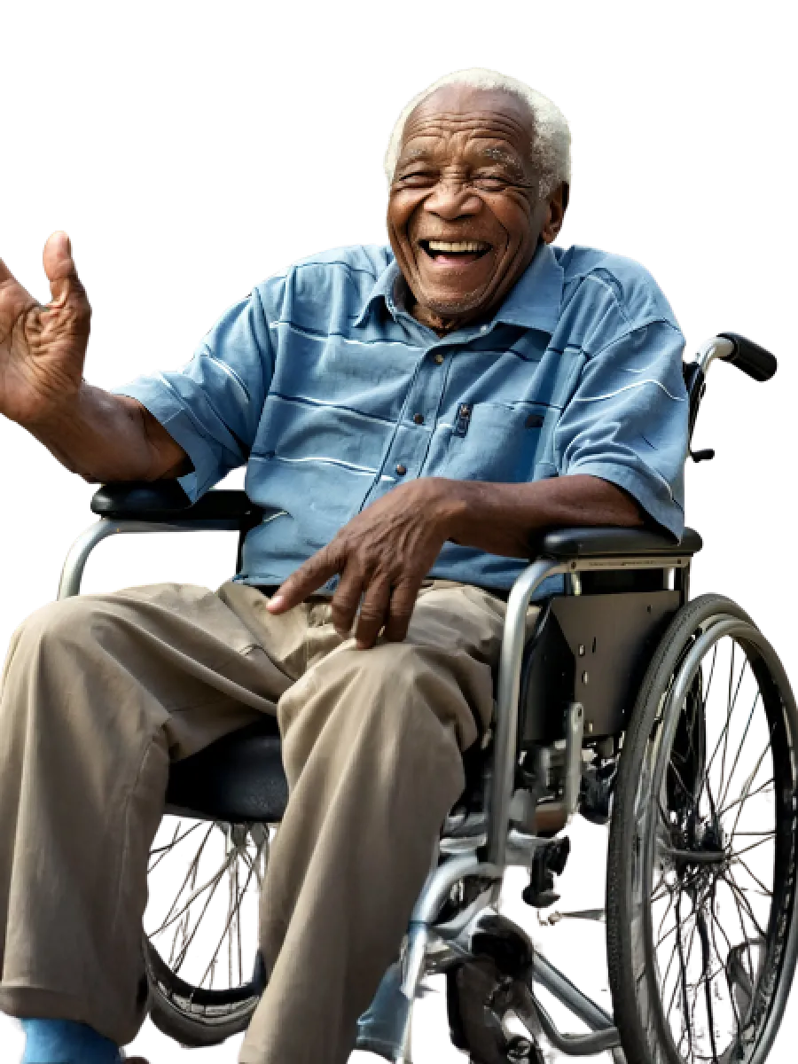 Smiling elderly man in a wheelchair, waving cheerfully, showcasing joy and accessibility.