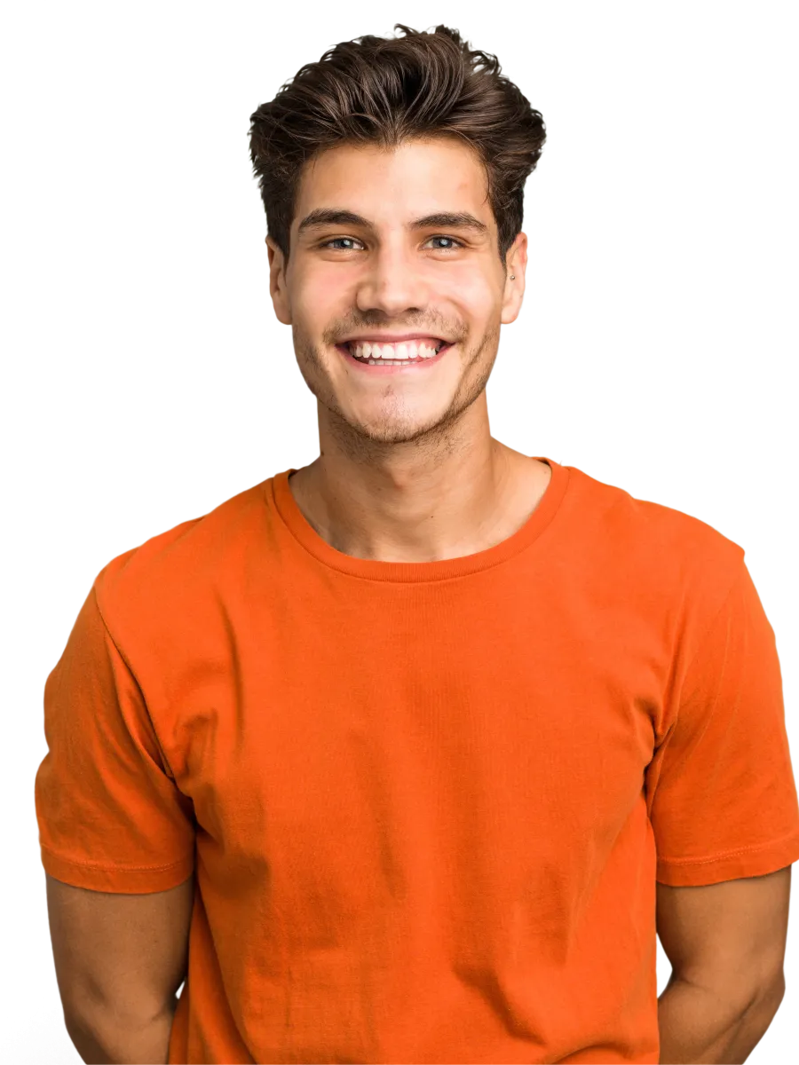 a man wearing an orange shirt