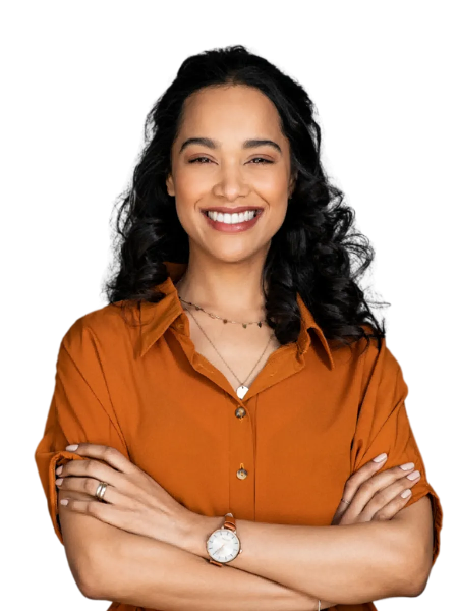 Smiling woman in a white blouse holding a tablet, showcasing a modern, professional look.