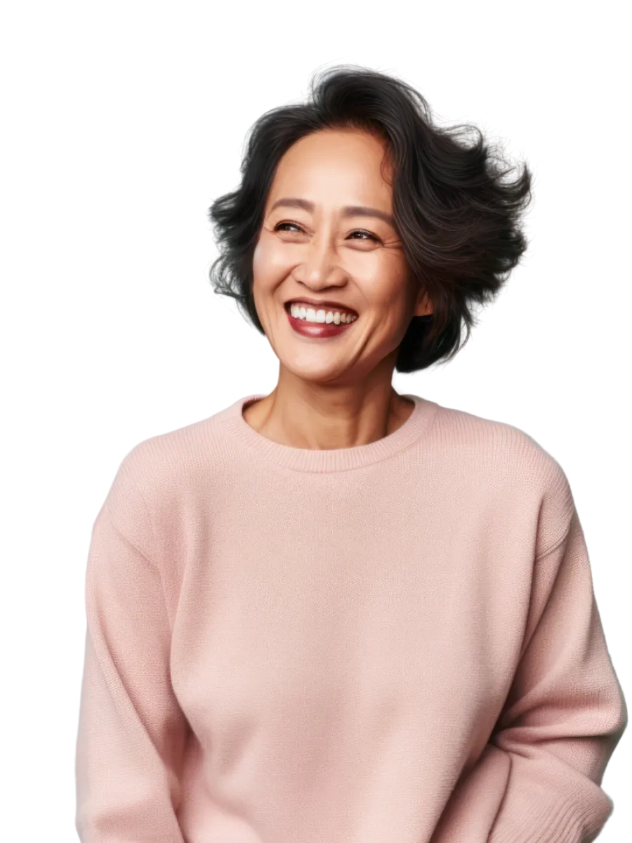 Smiling woman with glasses wearing brown polka dot shirt working on laptop at desk indoors