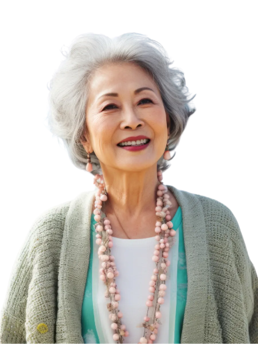 Smiling elderly woman wearing a cozy cardigan and decorative necklace against a transparent background.