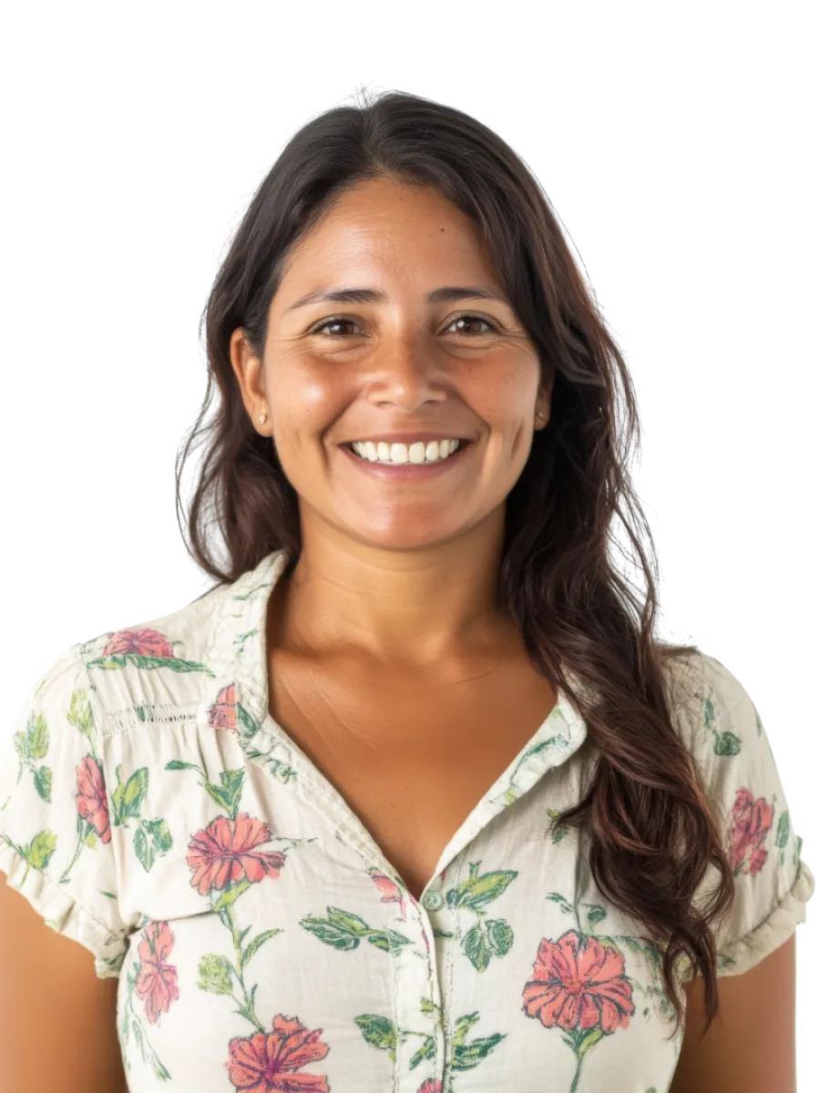 Smiling woman with long dark hair wearing a white floral short-sleeve blouse on a transparent background