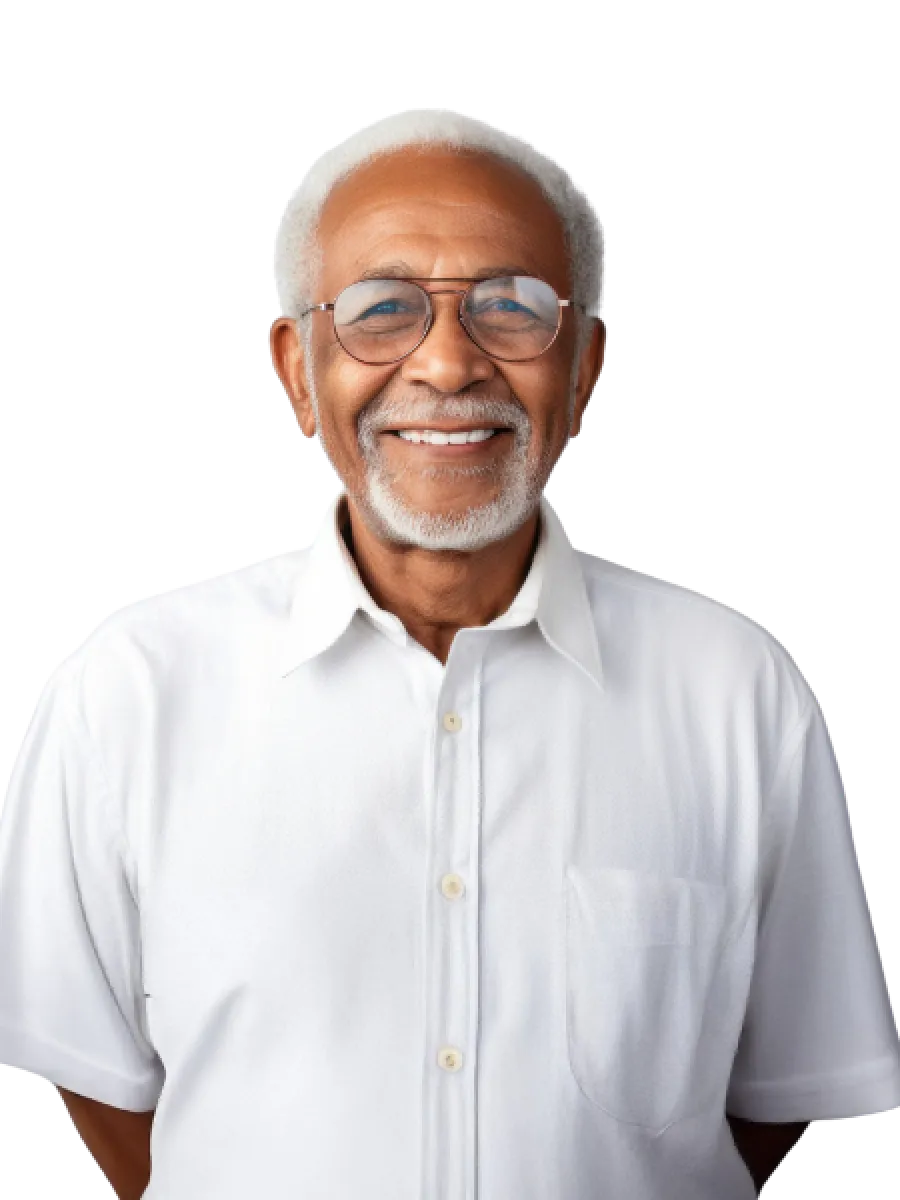 Smiling older man in a white shirt with glasses, standing against a transparent background.