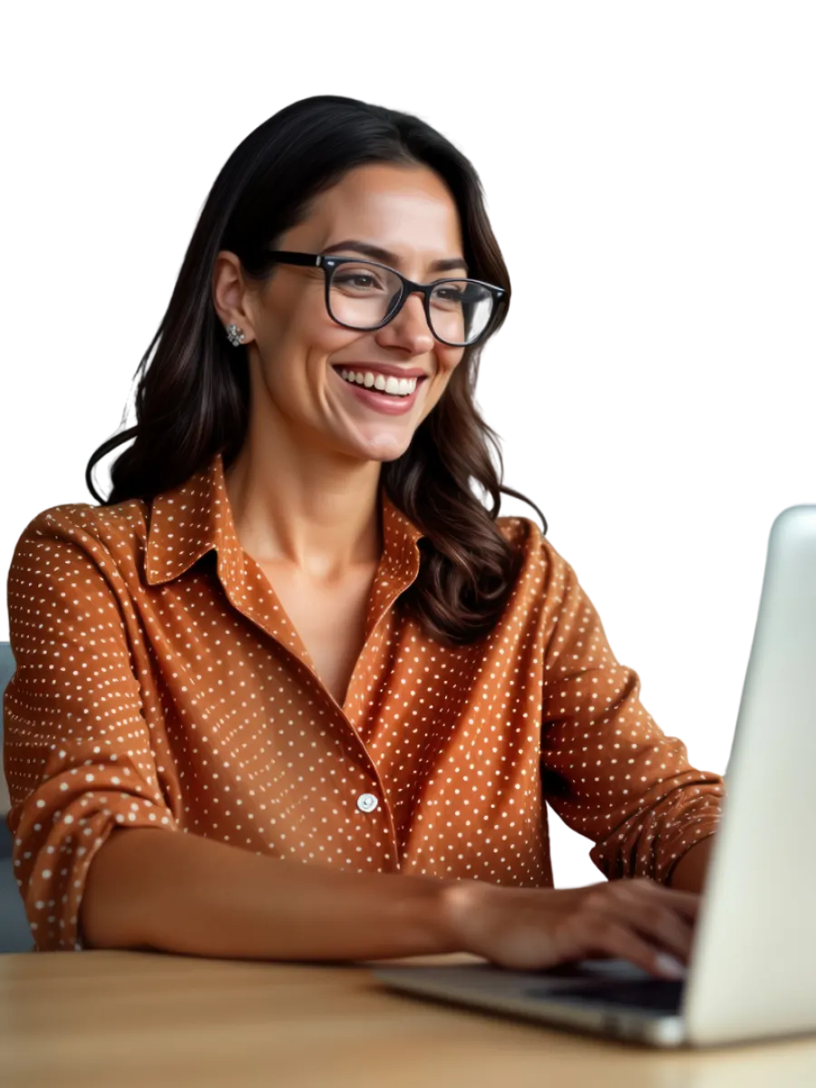 Smiling woman with glasses in orange polka dot shirt working on laptop at wooden desk indoors