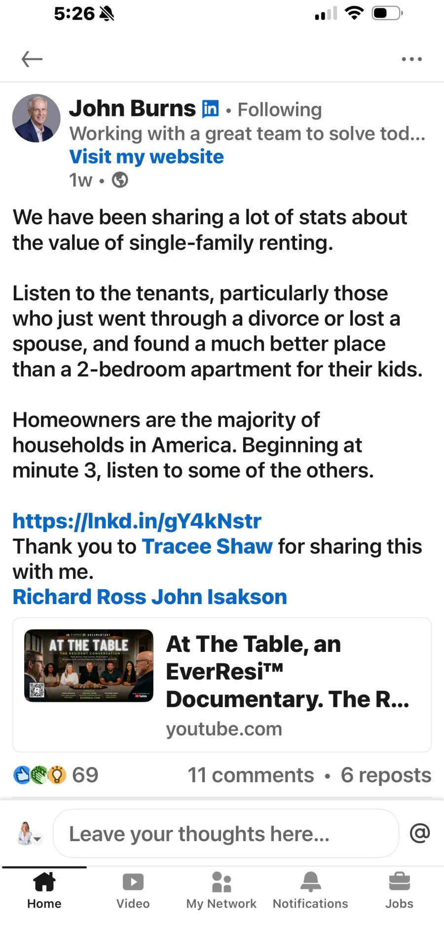 LinkedIn post by John Burns discussing single-family renting and homeowner statistics with a YouTube documentary link.