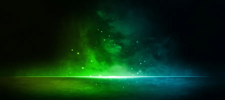 Abstract cosmic scene with glowing green and blue light on a dark starry background and reflective surface.