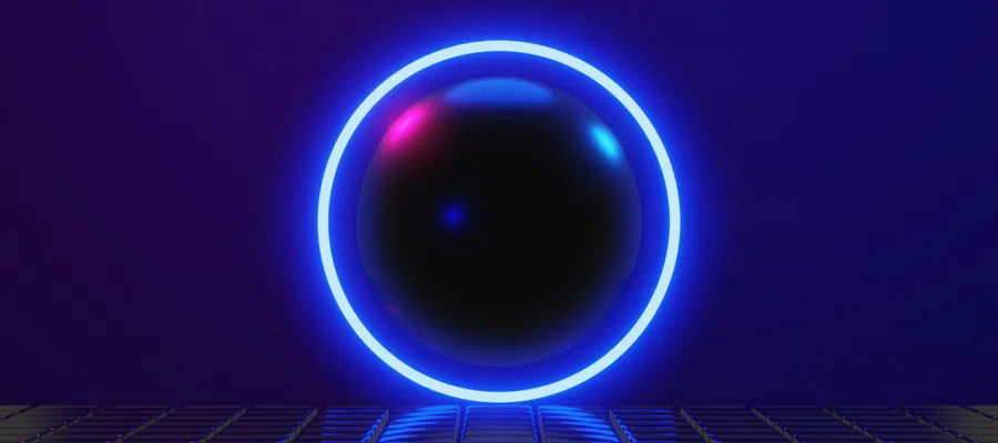 Black sphere with neon blue circular glow on a grid-patterned reflective surface against dark purple background