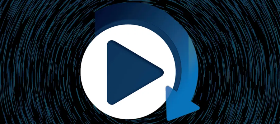 Dark circular vortex background with a white play button and blue clockwise arrow overlay in center
