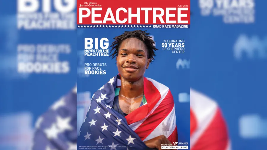 Young athlete wrapped in American flag on Peachtree Road Race magazine cover celebrating 50 years