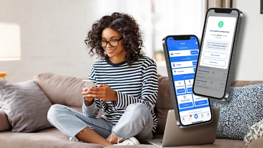 Woman sitting on couch using smartphone with finance and budgeting app screens floating nearby.