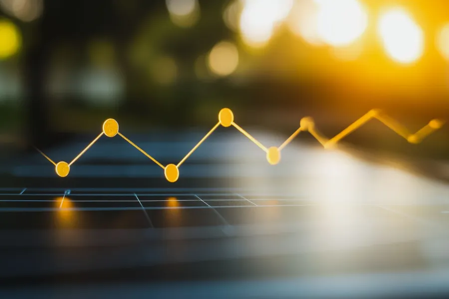Yellow glowing line graph with data points on a dark digital tablet screen in warm sunlight.