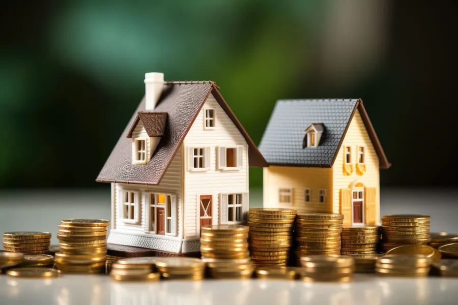 Two miniature houses surrounded by stacks of gold coins symbolizing real estate investment and property value.