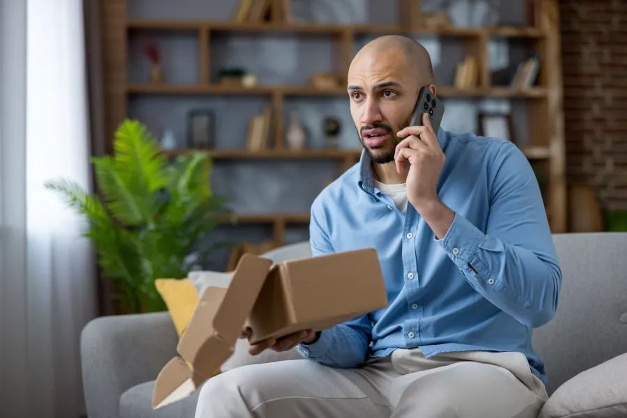 Man sitting on couch holding a damaged box, making a phone call with a concerned expression indoors.