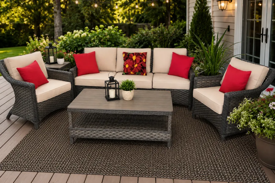 Outdoor patio set with beige cushions, red pillows, gray wicker furniture, coffee table, and string lights in garden.