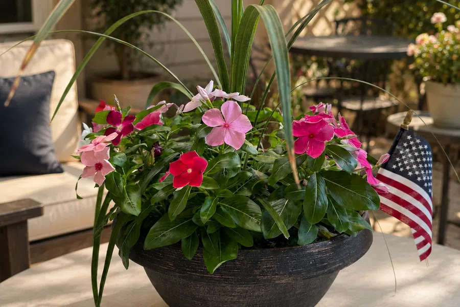 Decorative black planter with pink flowers and green leaves on outdoor table with small American flag.