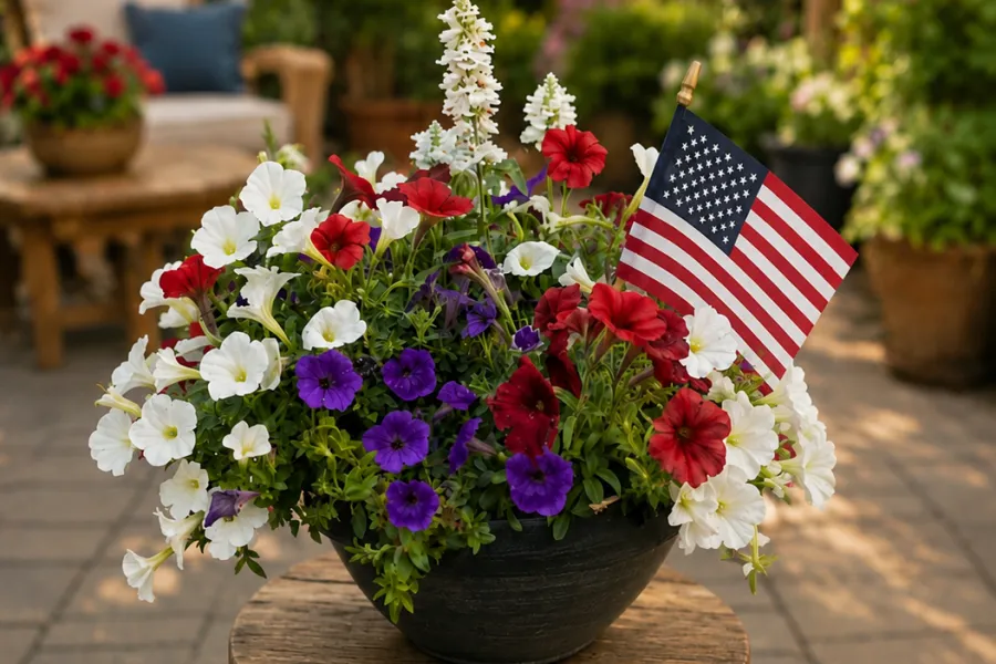Red, white, and purple flowers in a pot with an American flag on a wooden stool in a garden patio.