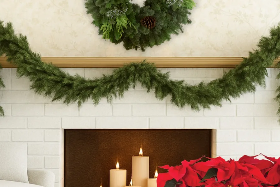 Cozy holiday scene with lit candles in fireplace, pine wreath, garland, and red poinsettias by white armchair.