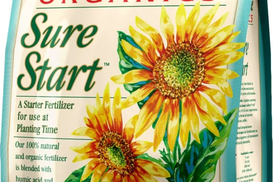 E.B. Stone Organics Sure Start natural fertilizer with sunflower illustration on a blue package.