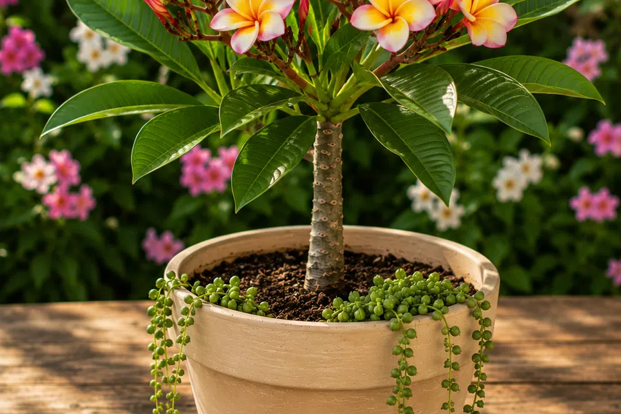 Plumeria tree with pink and yellow flowers in a beige pot on a wooden table with garden background.