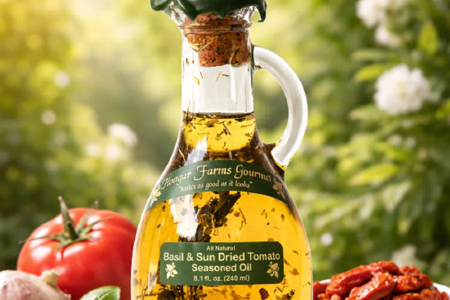 Glass bottle of basil and sun dried tomato seasoned oil with fresh tomatoes, garlic, basil, and herbs on wooden table.