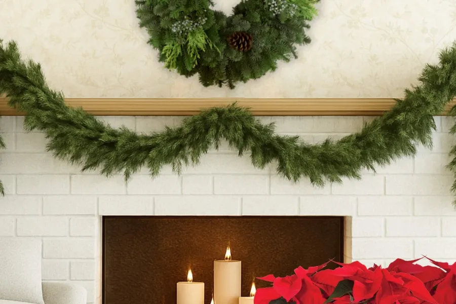 Cozy holiday scene with a green wreath, garland above fireplace, lit candles inside, and red poinsettias nearby
