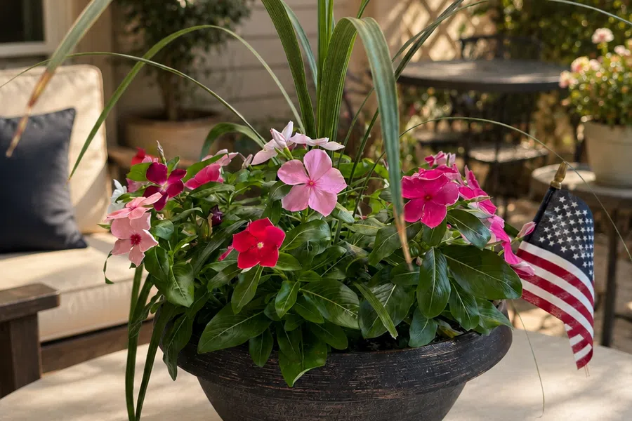 Decorative planter with pink and red flowers and greenery on a patio table with an American flag.