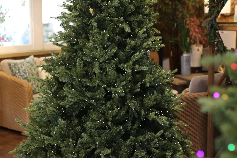 Artificial Christmas tree with tiny white lights in cozy living room setting with wicker chairs and framed artwork.