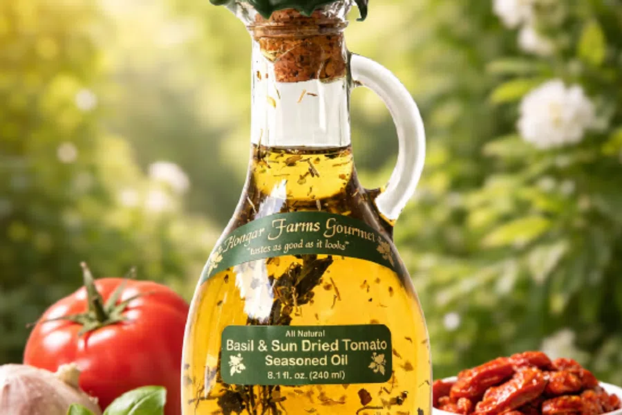 Bottle of basil and sun dried tomato seasoned oil surrounded by fresh herbs, garlic, tomato, and sun dried tomatoes.