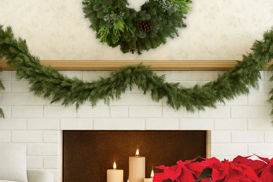 Cozy Christmas fireplace with lit candles, green wreath, garland, and red poinsettia plants indoors.