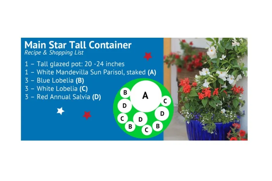 a blue glazed pot filled with red, white and blue flowers