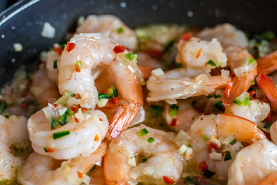 shrimp with fresh herbs and homegrown peppers