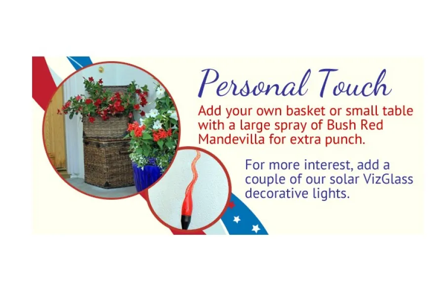 flowers in a basket and a red, decorative solar-powered garden stake