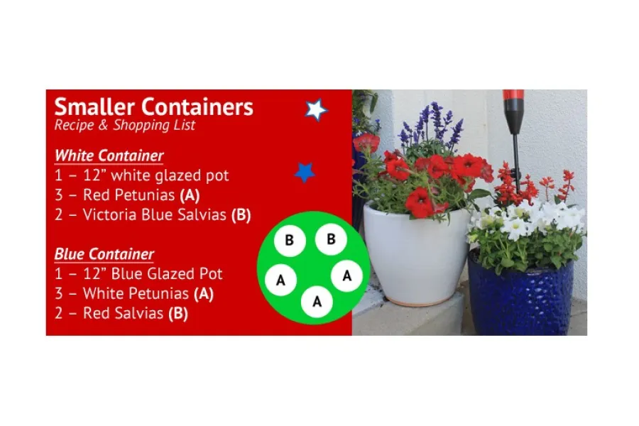 white and blue glazed pots filled with red, white and blue flowers