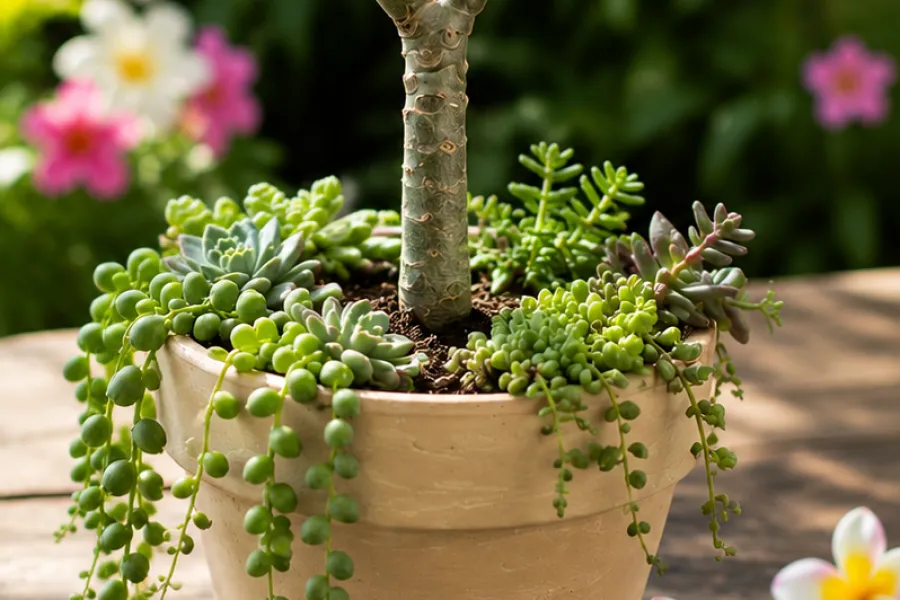 Potted succulent arrangement with a tall branching stem and trailing green bead plants on wooden table.