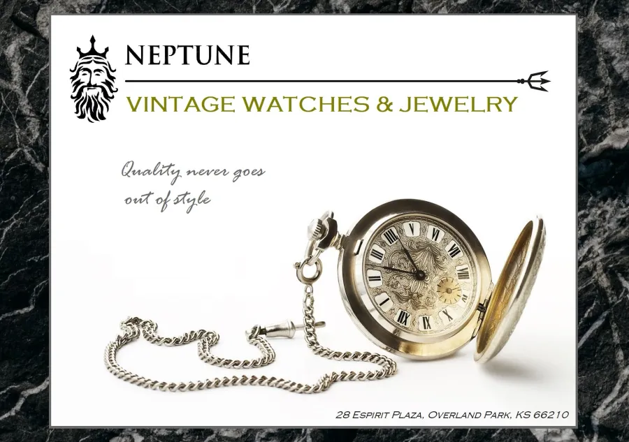 Print advertisement for a gold pocket watch displayed on white background with a black marble backdrop