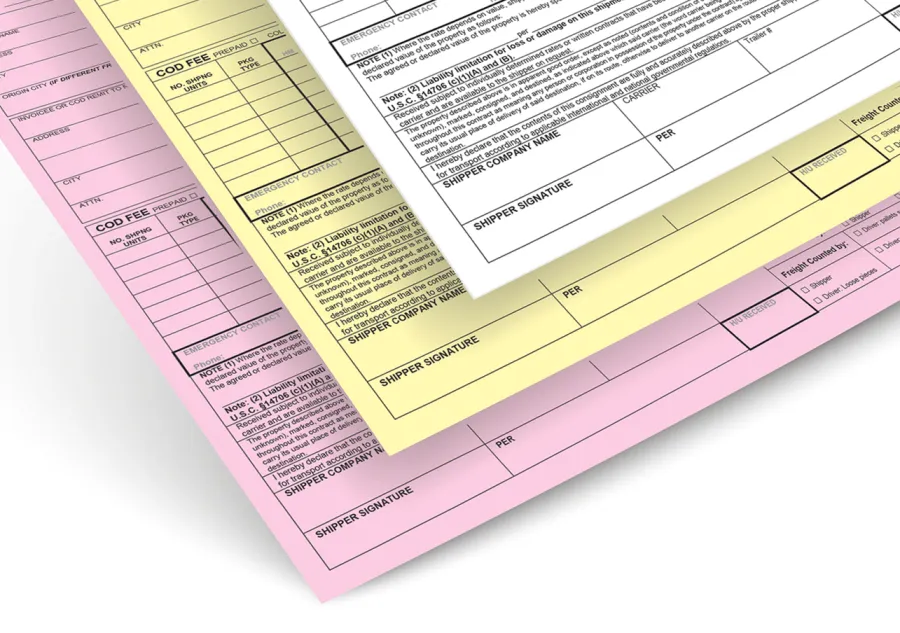 A 3-part NCR form with white, yellow, and pink ply sheets