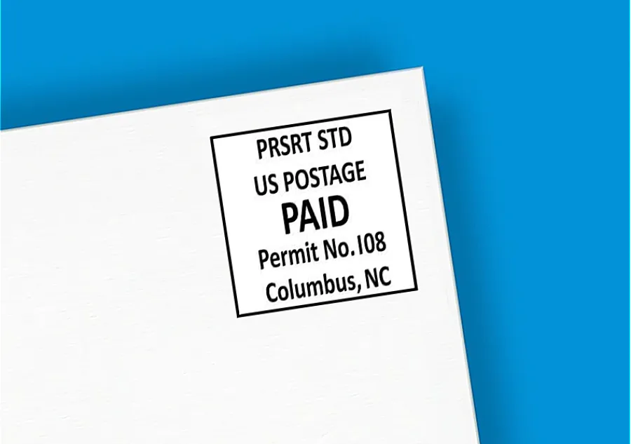 Indicia imprint on a white direct mail piece, shown against a blue background