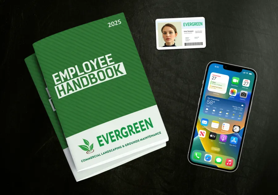 An employee handbook, ID card and cell phone lying on a work surface