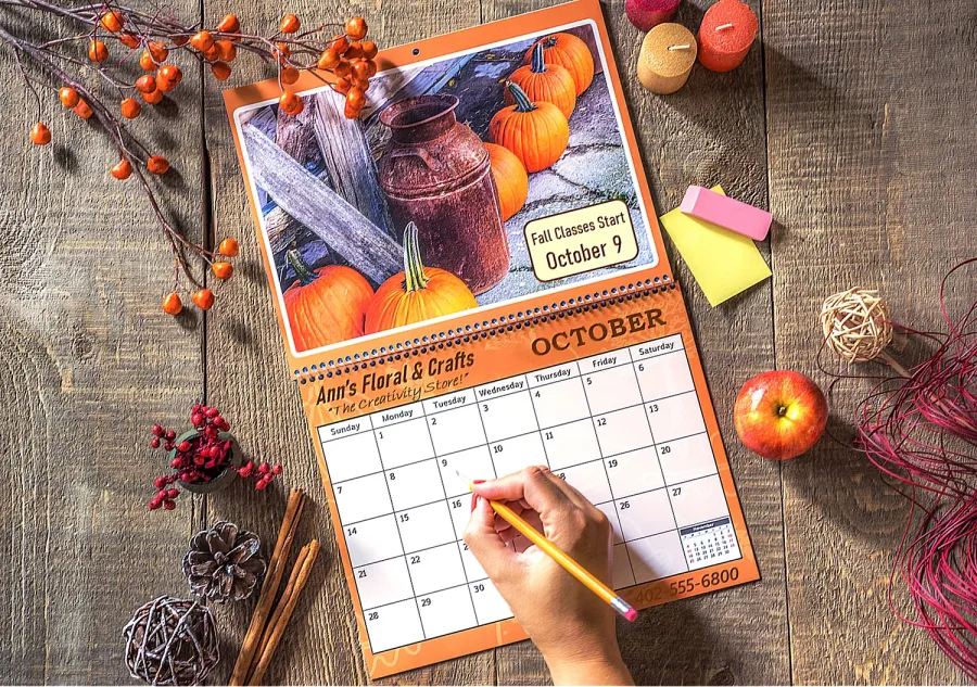 A promotional calendar open to the month of October