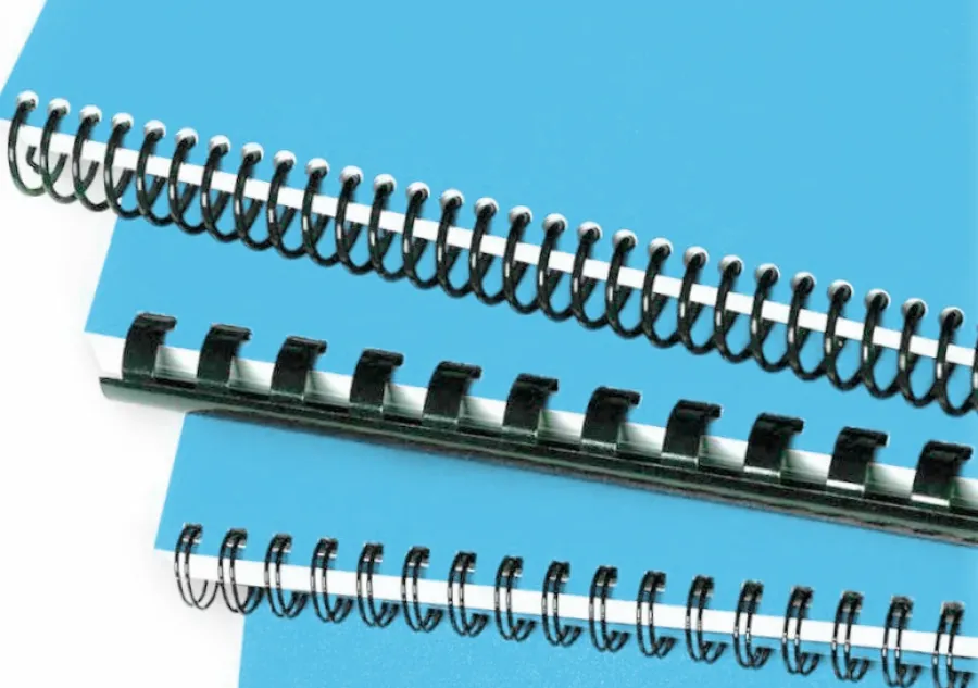 A Spiral Bound book, a Comb Bound book, and a Wire-O Bound book