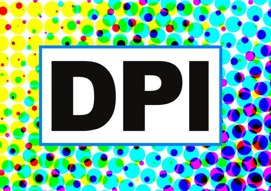The abbreviation DPI surrounded by CMYK ink dots